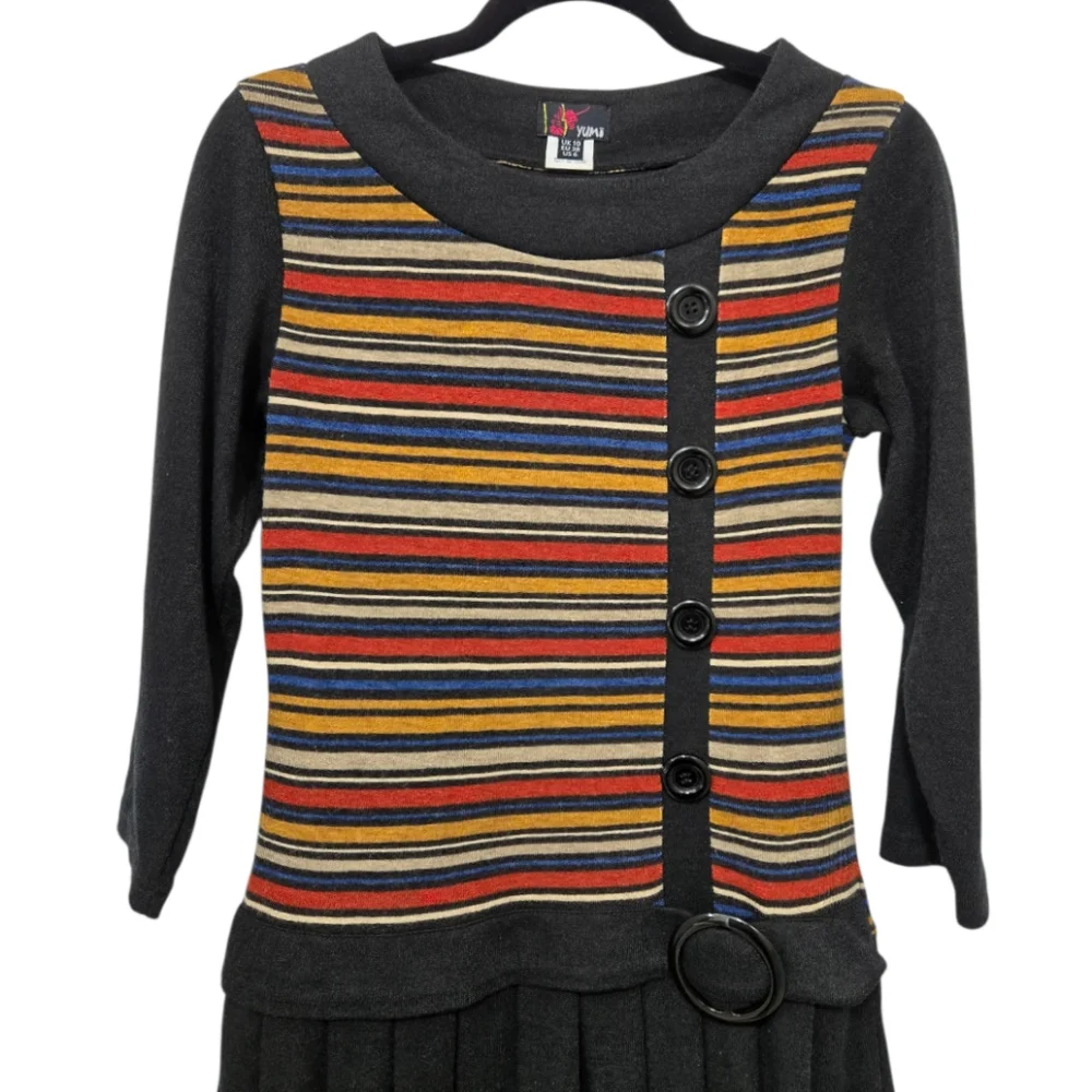 Yumi London Mod Stripe Knit Pleated Mini Sweater Dress Size 6 With 3/4 Sleeves - Picture 4 of 14